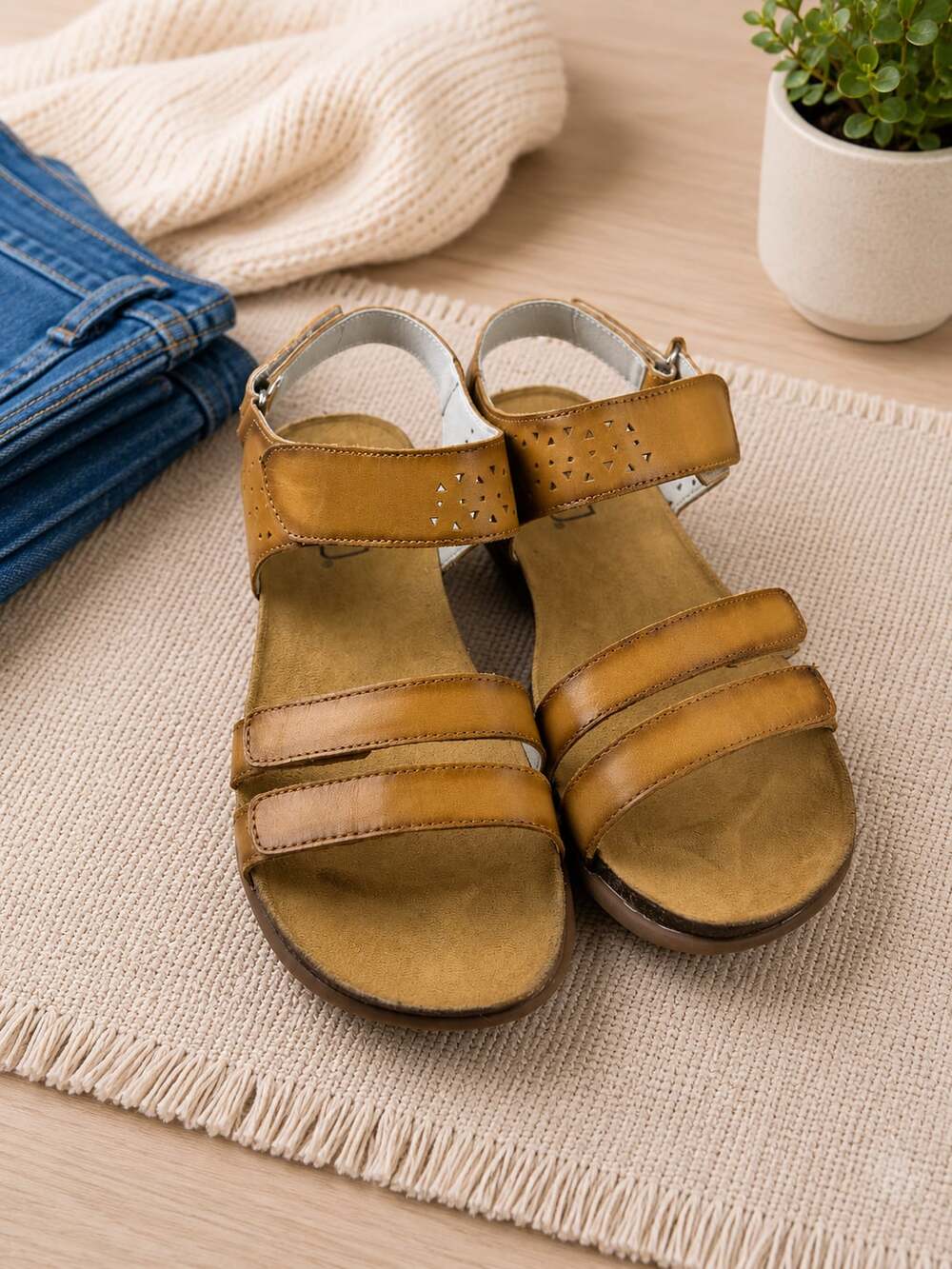 Propet WSX113L Tan Leather Comfort Sandals Hook Loop Women’s Size 9M